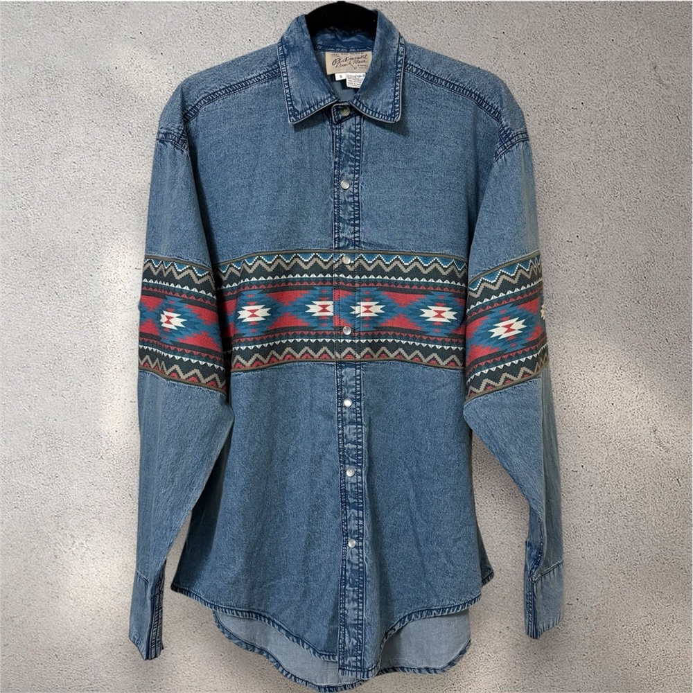 Rockmount Ranch Wear 2-Tone Denim & Red Native Pattern Chest Band Western Shirt